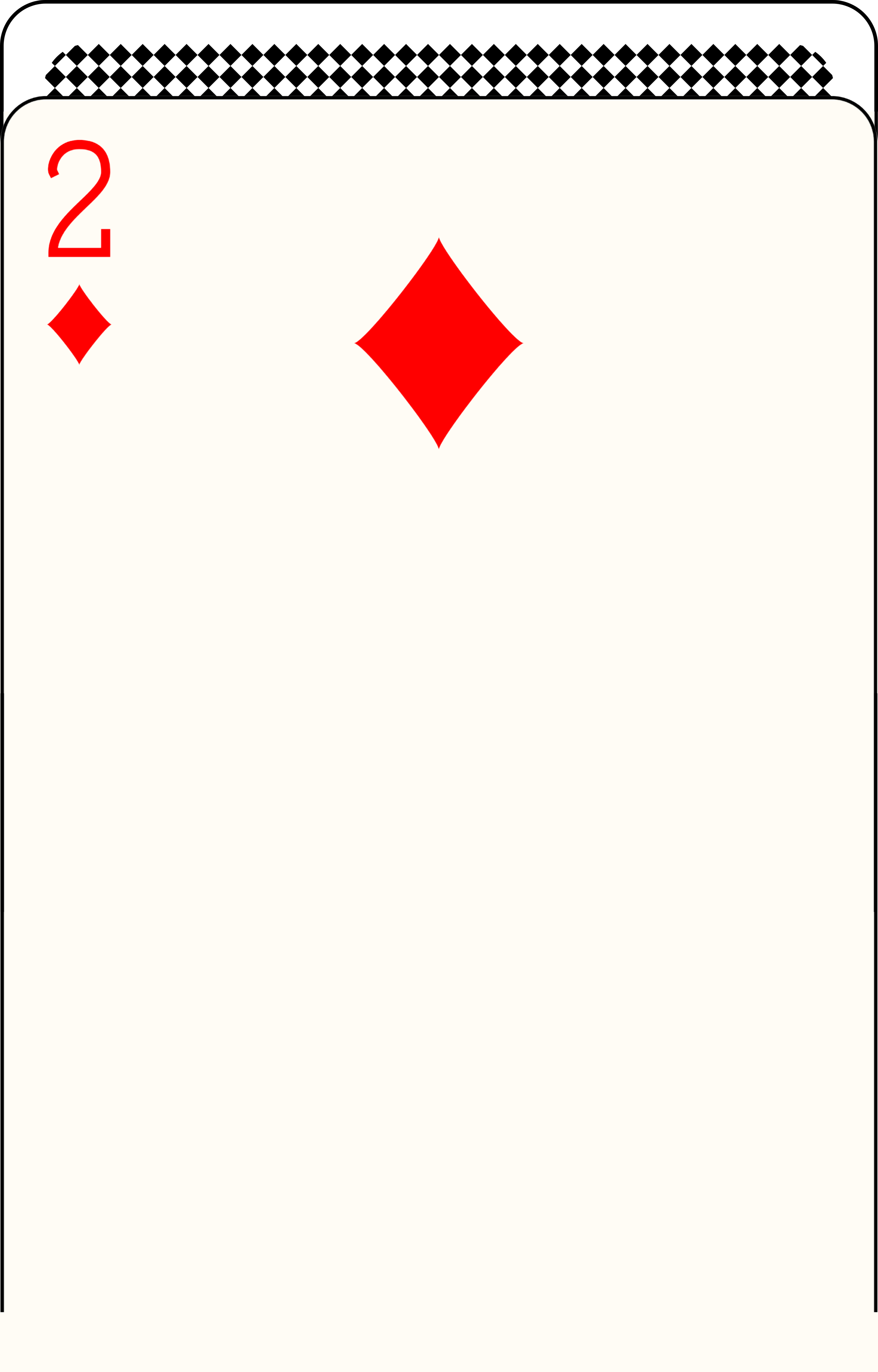 A playing card, the two of diamonds, with a red diamond symbol and the number 2 in the upper left corner.