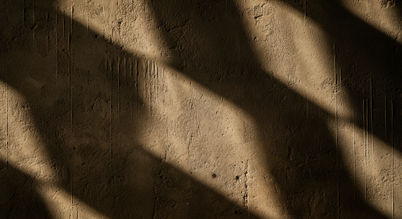 Sunlight casting diagonal shadows on a rough, textured concrete wall.