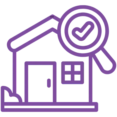 A purple line drawing of a house with a door and window, a magnifying glass with a checkmark above it.