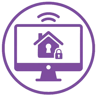 Icon of a computer monitor with a house and padlock, wireless signal above, all inside a purple circle.