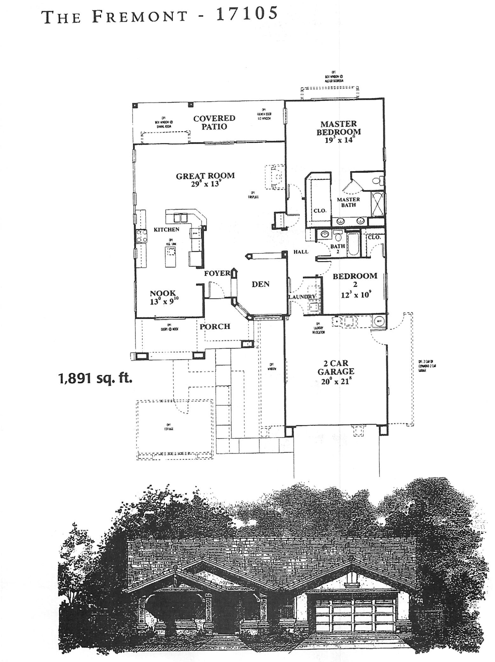 A black and white architectural house plan with a front porch, garage, living areas, bedrooms, and yard. Contains labeled rooms and measurements.