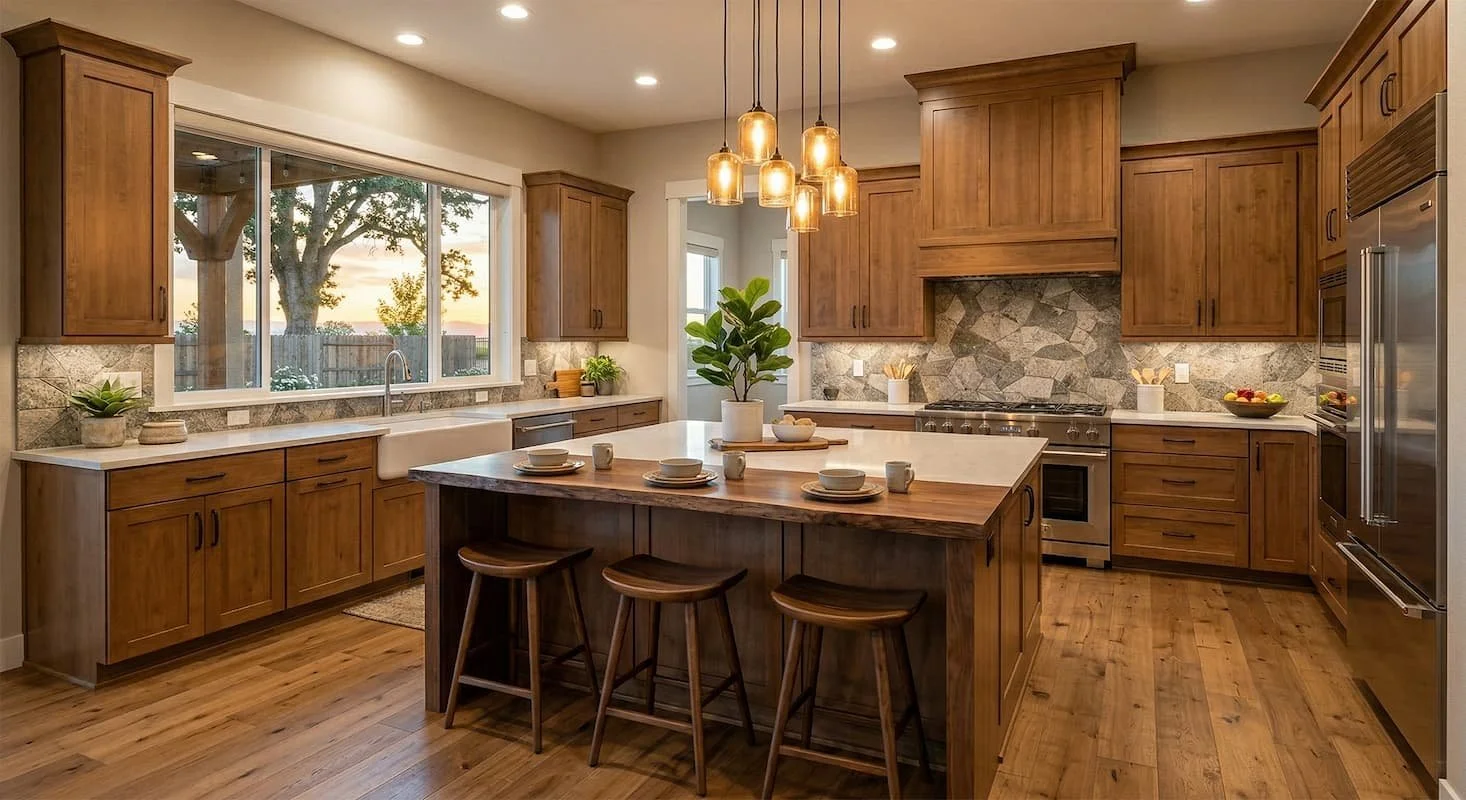 Modern kitchen with wooden cabinets, a large island with bar stools, a farmhouse sink, stainless steel appliances, and a window overlooking a backyard with trees at sunset.