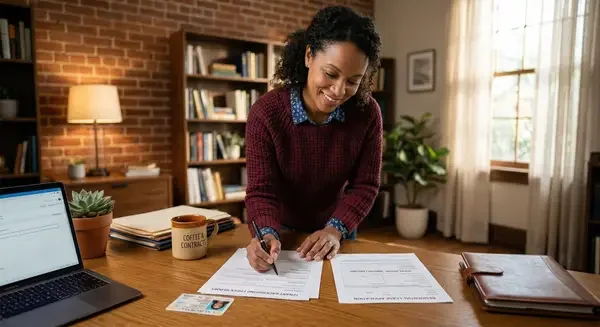 Woman signing documents at a wooden table in a cozy home office with a lamp, bookshelf, and potted plants.