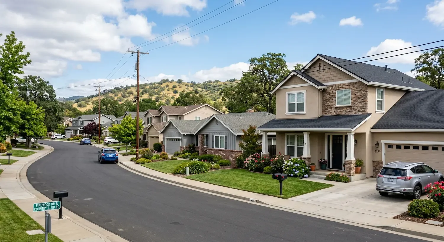 Suburban neighborhood with houses, cars, green lawns, trees, and a hillside in the background under partly cloudy sky.