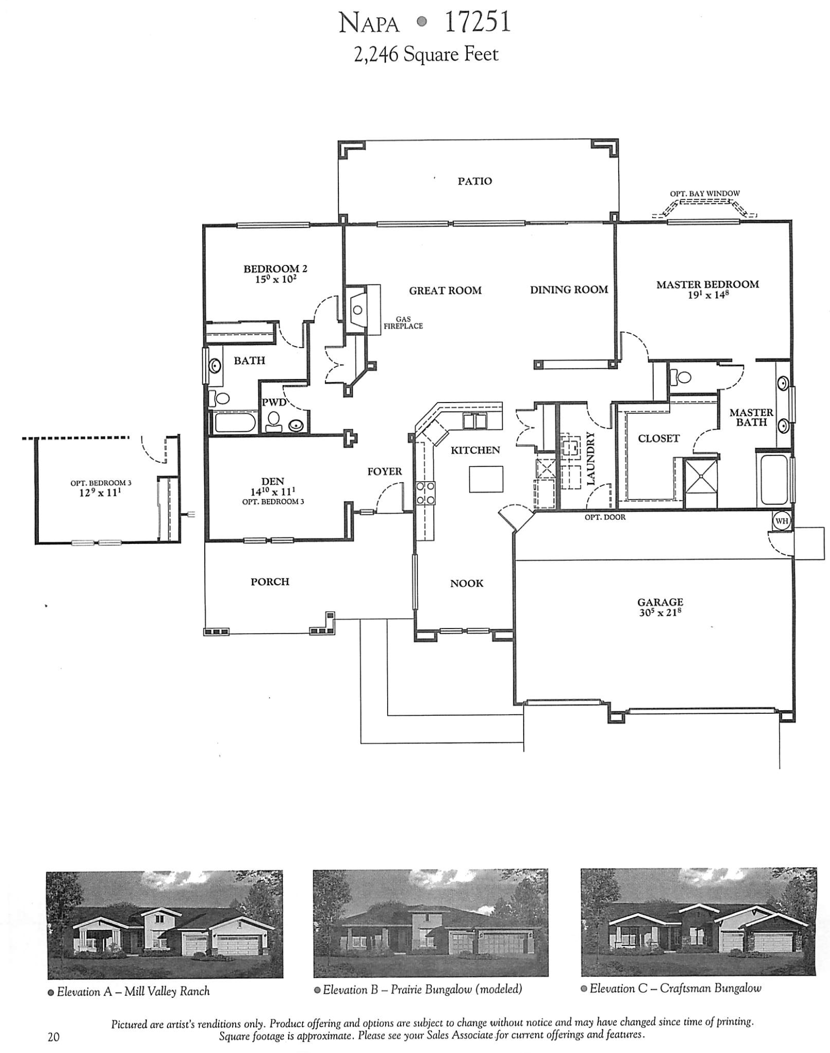Black and white architectural floor plan of a house with rooms labeled including patio, bedrooms, great room, dining room, kitchen, laundry, and garage, along with exterior elevation images of different house styles.