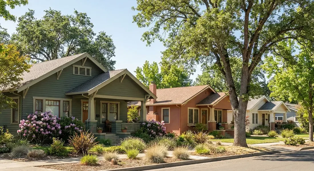 A row of three colorful suburban houses with front porches, surrounded by green trees and manicured front lawns.