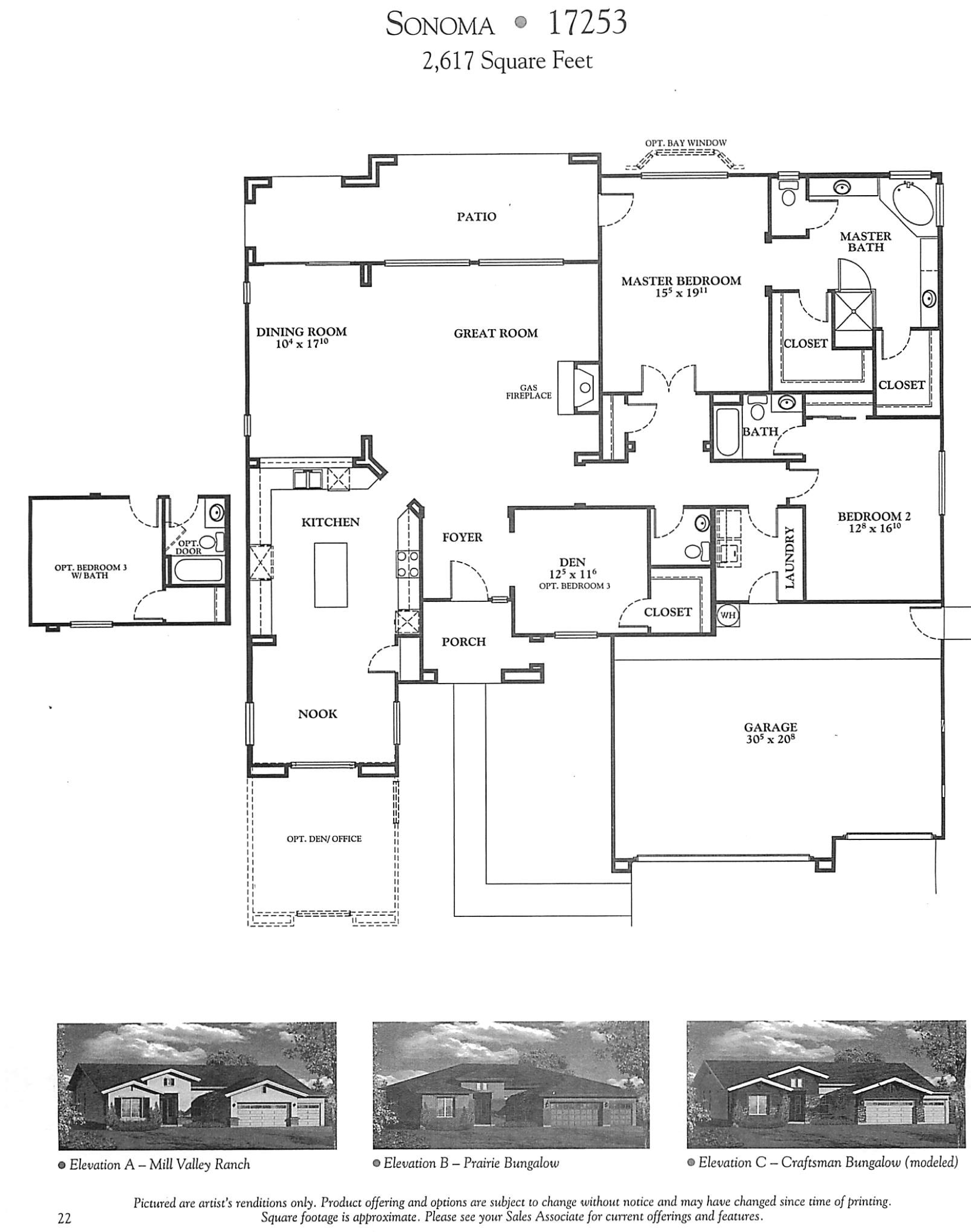 Architectural floor plan for a home in Sonoma, with details of rooms, dimensions, and elevations including Mill Valley Ranch, Prairie Bungalow, and Craftsman Bungalow. Also includes exterior photos of each elevation.