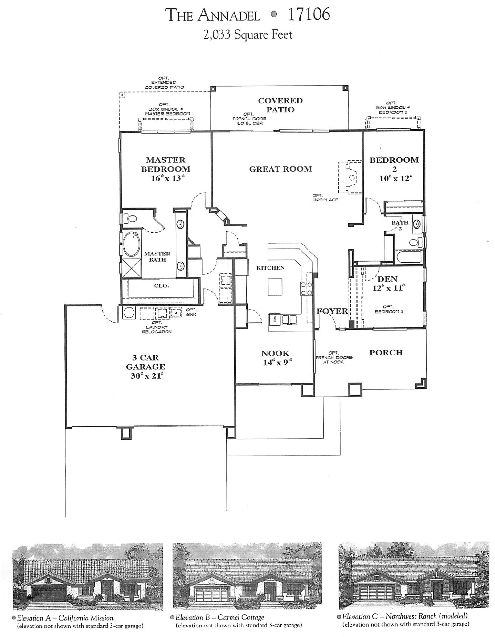 Floor plan of a house called The Annadel, with a total area of 2,033 square feet. The plan highlights a covered patio, master bedroom with an en suite bathroom, second bedroom, den, kitchen, great room, porch, laundry, and a three-car garage. The plan includes different elevation options for the front of the house: California Mission, Carmel Cottage, and Northwest Ranch.