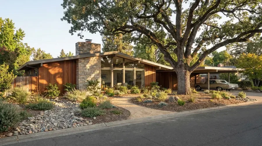 Mid-century modern house with large front window and stone chimney, surrounded by landscaped yard and a large tree, with a car parked in the driveway.