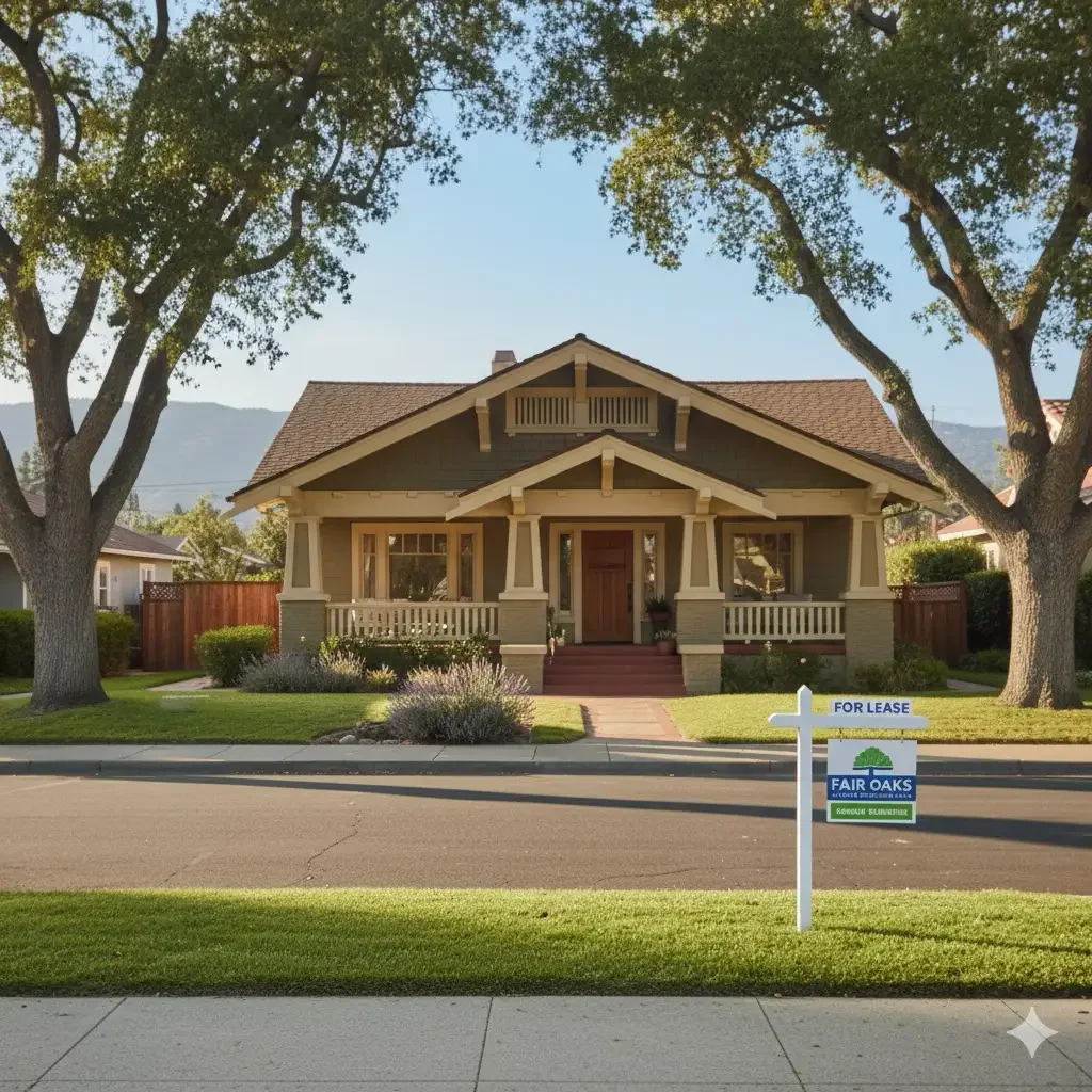 A house with a front yard, two large trees, and a 'For Lease' sign in the yard.
