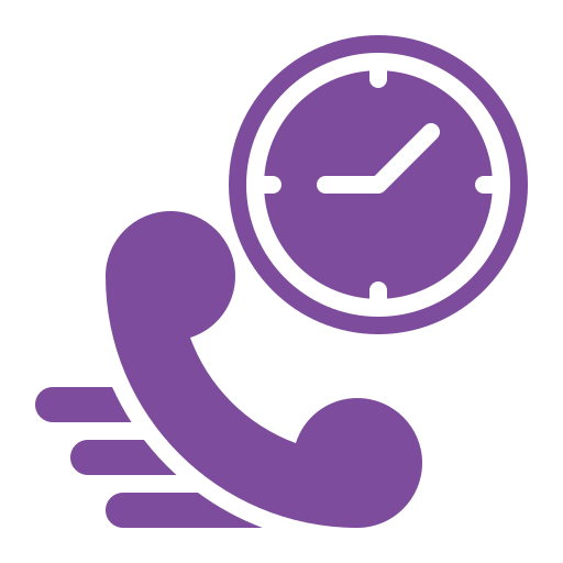 A purple icon of a telephone receiver with a clock, indicating a call or appointment.