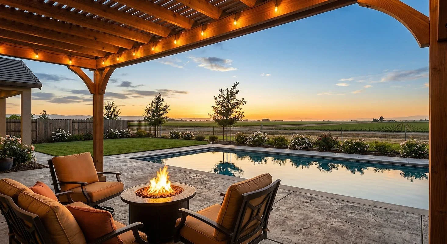 A backyard patio with a fire pit, cushioned chairs, a swimming pool, and a scenic sunset view of open fields and a fence.