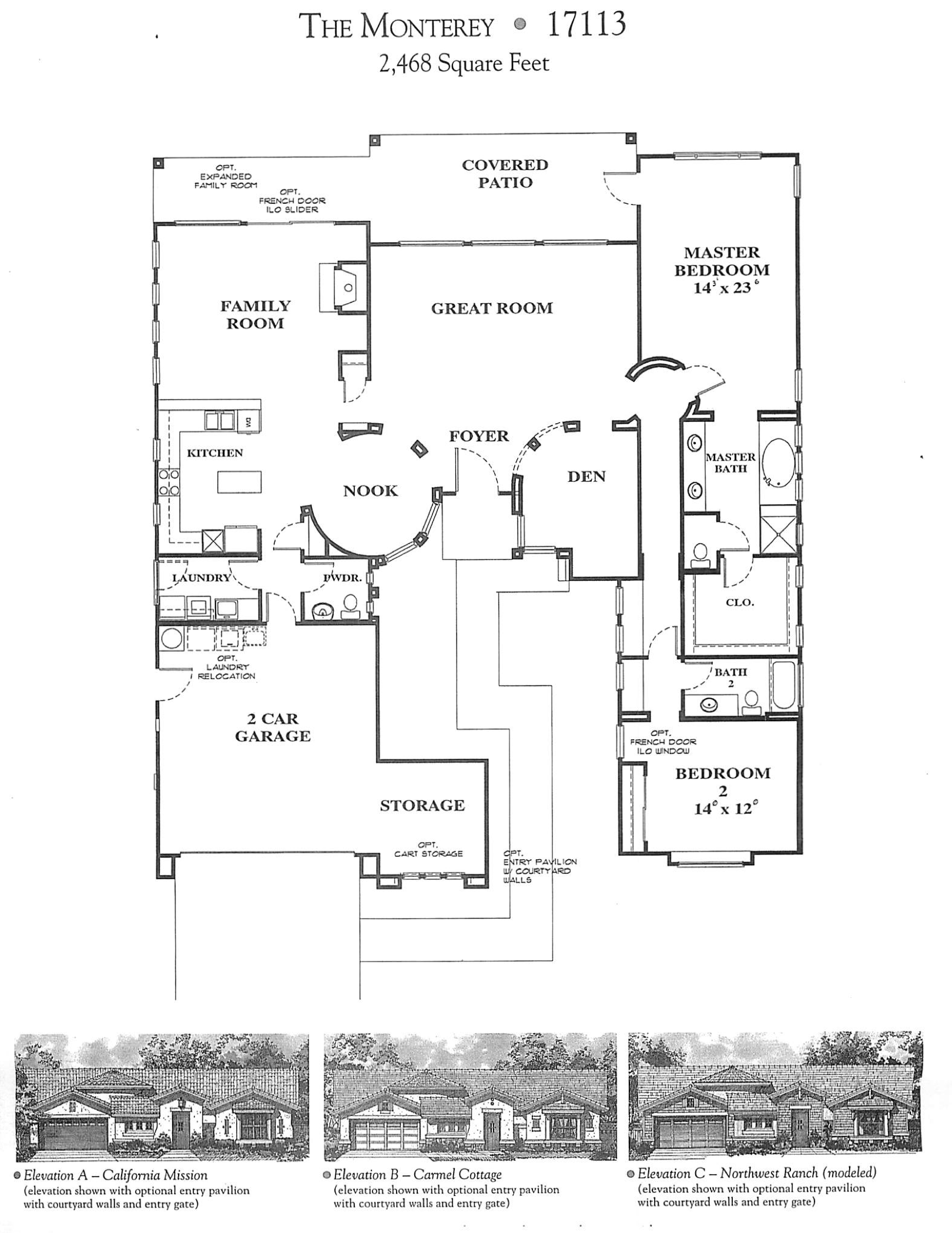 Architectural plans and elevations for a residential area called The Monterey, with a model number 17113 and 2,468 square feet. Includes front elevations of three house styles: California Mission, Carmel Cottage, and Northwest Ranch, with optional entry pavilions and courtyard walls.