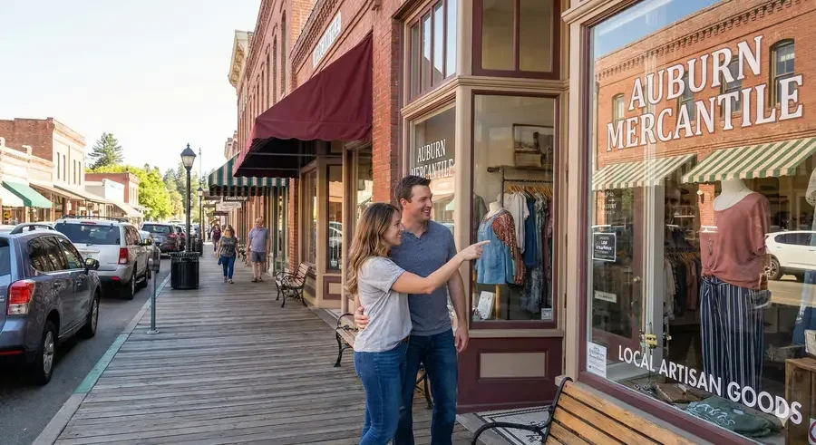 A couple standing on a wooden sidewalk in front of a clothing store called Auburn Mercantile, with a woman pointing at the store window. Cars are parked along the street and other pedestrians are walking.