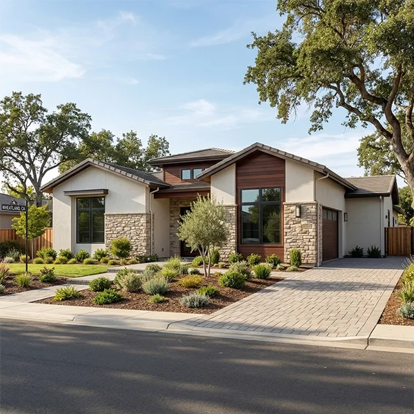 Modern suburban house with stone accents, large windows, and a landscaped front yard with shrubs and small trees.