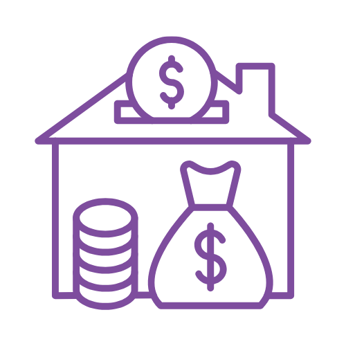 Outline of a house with a coin on the roof, a stack of coins, and a money bag with dollar signs.