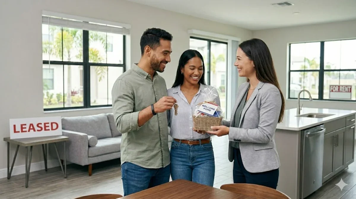A happy couple signing real estate documents with an agent in a bright office.