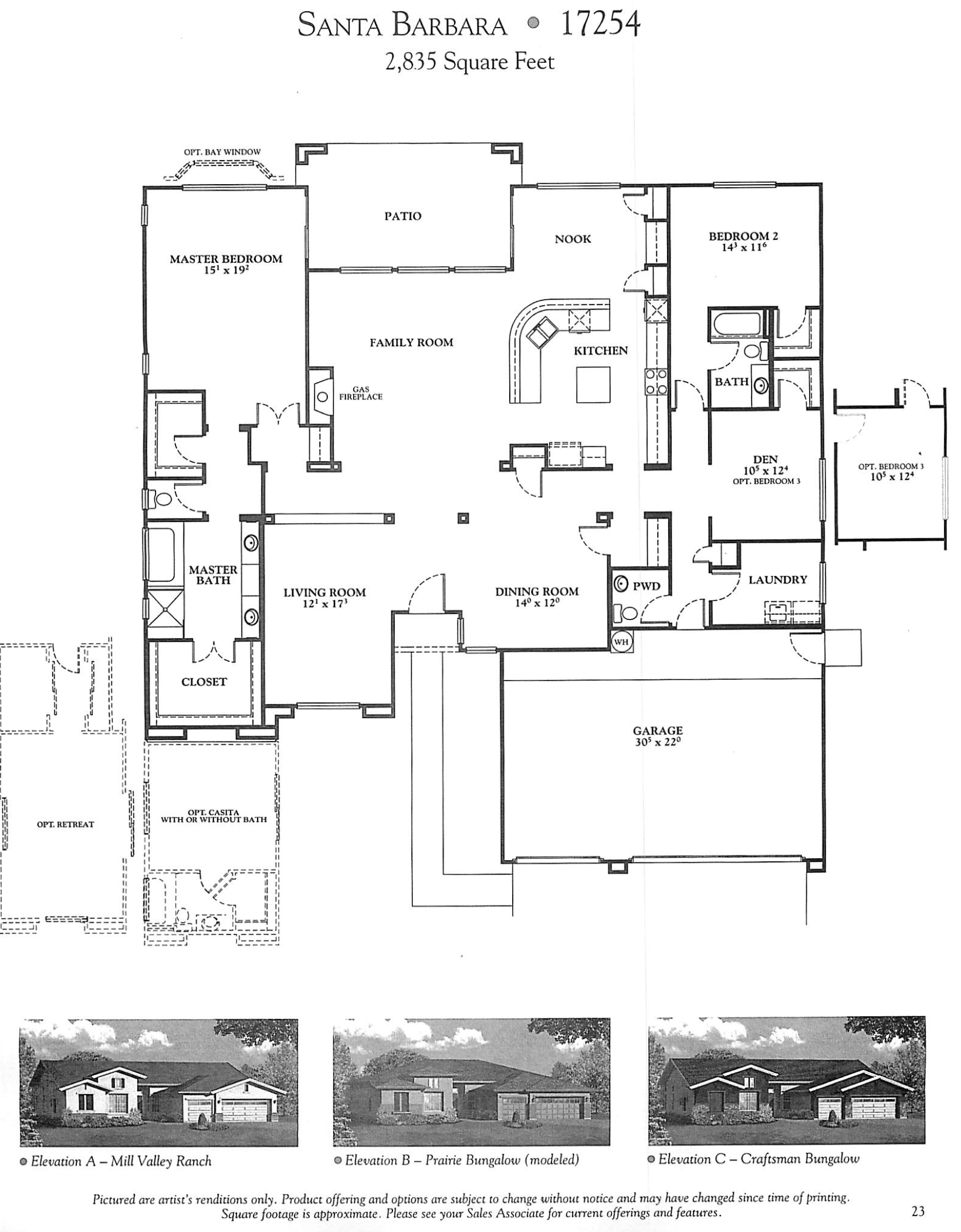 Floor plan of a house in Santa Barbara, listing room dimensions and features. Includes a patio, family room, kitchen, bedrooms, bathrooms, laundry, garage, two optional rooms, and exterior elevation photos of three house styles.