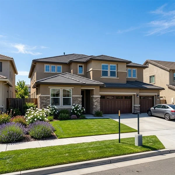 Two-story suburban house with a well-kept lawn, flowering plants, and a driveway with a parked car, under a blue sky.