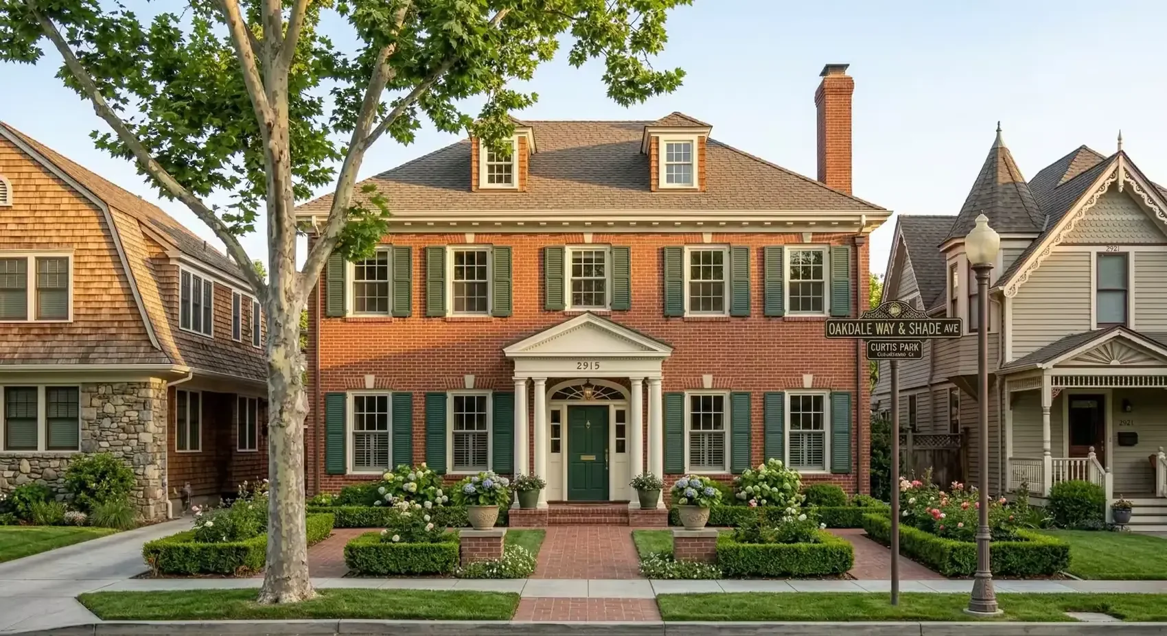 A large brick house at the corner of Oakdale Way and Shade Avenue, with a manicured front yard, potted plants, and a pathway leading to the front door, nestled between two other homes.