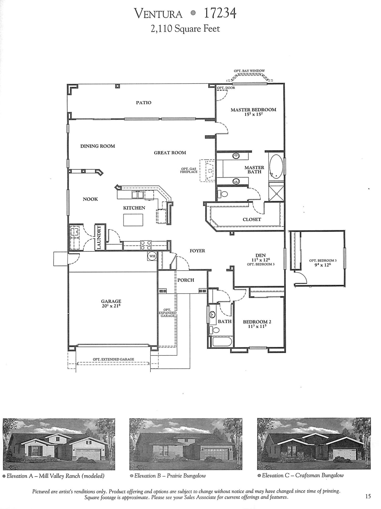 Floor plan of a house named Ventura with details about dimensions, rooms, and optional features, including a patio, master bedroom, great room, kitchen, laundry, garage, den, and additional bedrooms.