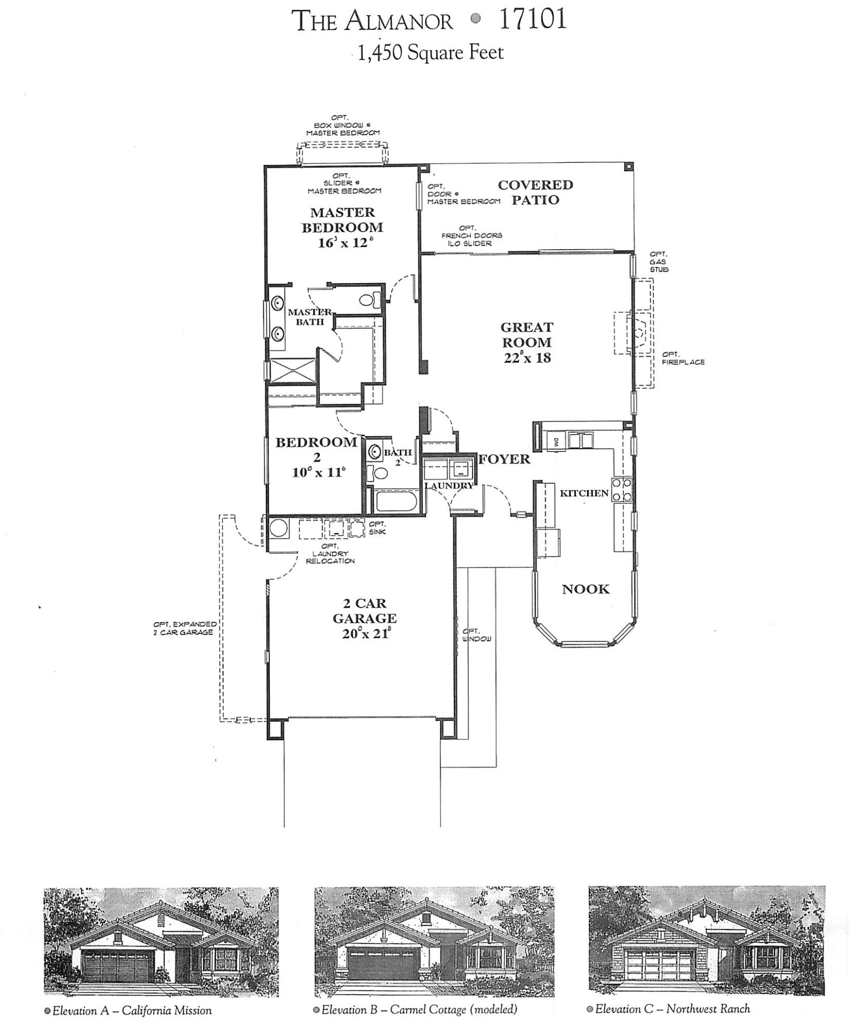 Architectural floor plan for a house called 'The Almanor,' 17101, with a total area of 1,450 square feet. The plan includes various rooms such as master bedroom, master bath, second bedroom, bathroom, laundry, kitchen, nook, great room, garage, and covered patio, with annotations for optional features and elevations.