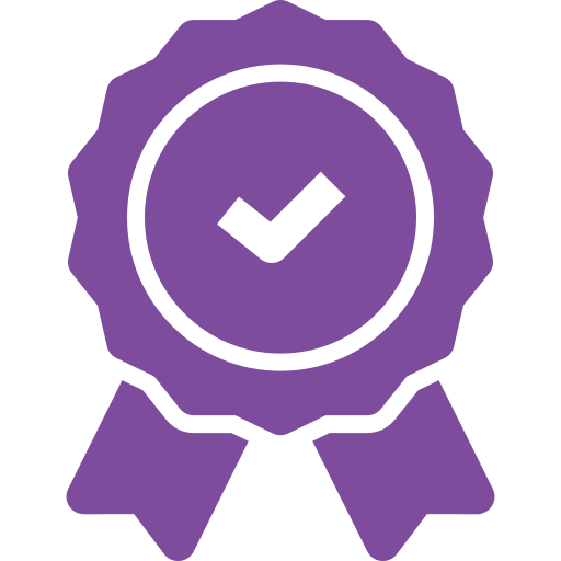 Purple award ribbon with a checkmark inside a circle in the center.