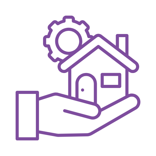 Line drawing of a hand holding a house with a gear and chimney, symbolizing real estate or property management.