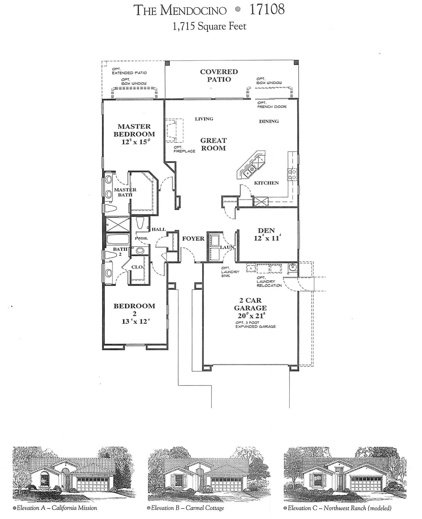 Architectural floor plan of a house named The Mendocino, with a total area of 1,715 square feet. The plan includes labeled rooms such as a master bedroom, living room, kitchen, dining area, great room, den, bathrooms, laundry room, garage, and outdoor covered patio. There are optional features like extended patio, box window, French door, and fireplace. The bottom of the image shows elevation drawings of three house styles: California Mission, Carmel Cottage, and Northwest Ranch.