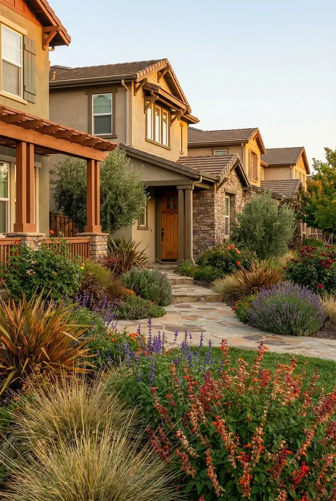 A row of suburban houses with stone and beige siding, surrounded by a lush garden with colorful flowers and plants, under a clear sky.