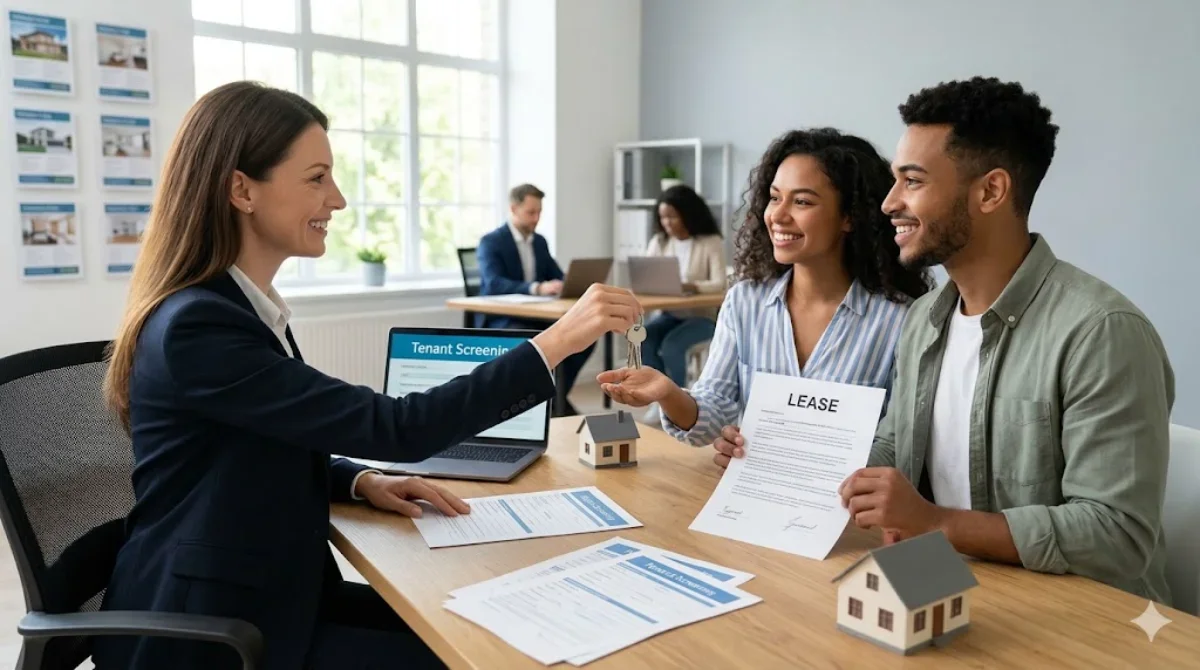 A real estate agent handing house keys to a smiling young couple holding a lease agreement in a bright office.