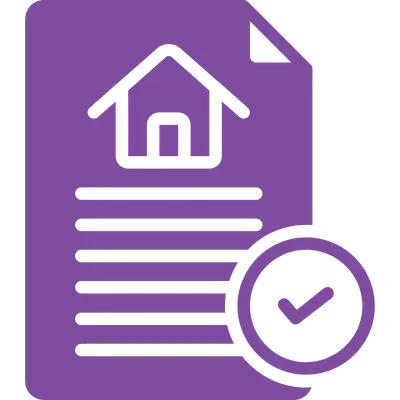 Icon of a document with a house symbol and a checkmark in a circle.