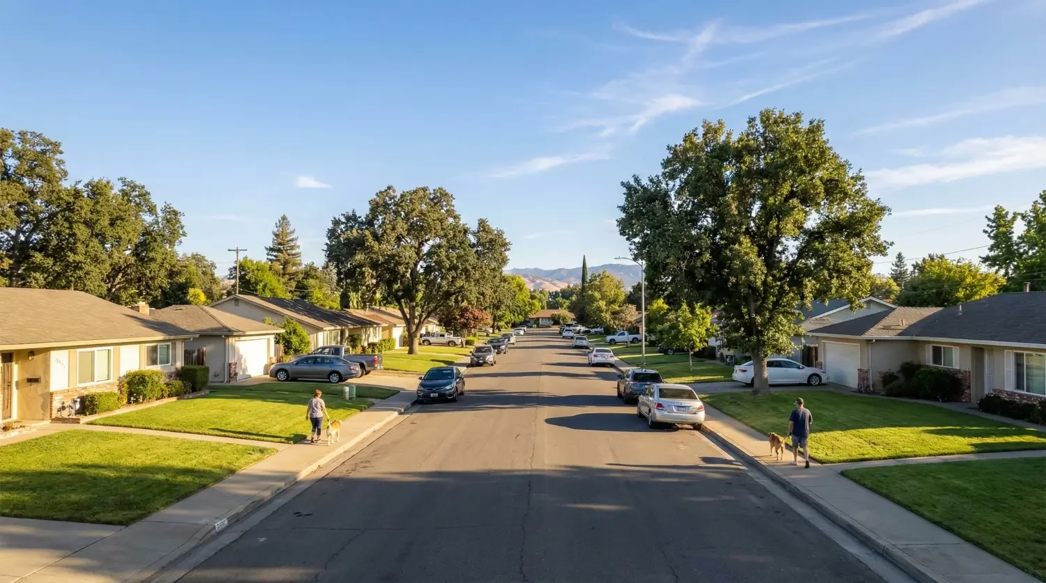 A suburban neighborhood street with single-story houses, parked cars, large trees, and two people walking dogs on the sidewalk during daytime.