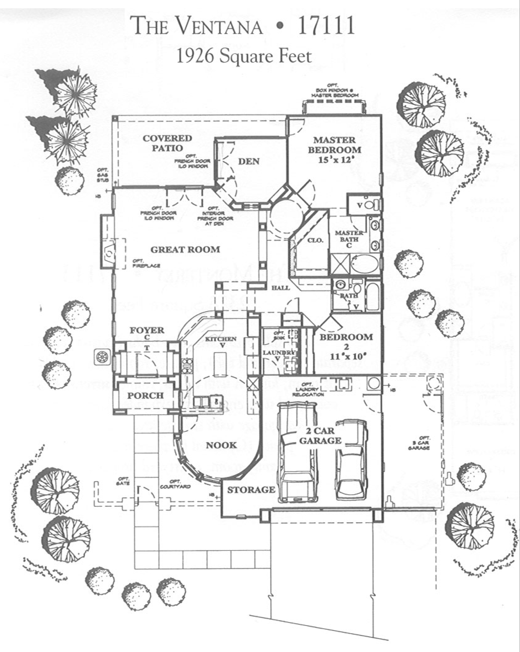 Floor plan of a house named The Ventana, with various rooms including a porch, foyer, great room, den, covered patio, master bedroom and bath, bedroom 2, laundry, storage, garage, and landscaping with trees and shrubs surrounding the house.