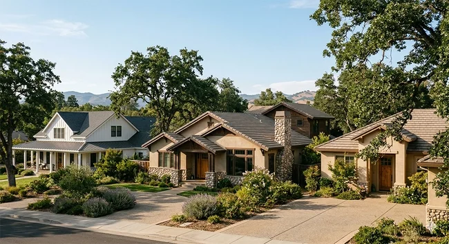 Residential neighborhood with three houses, landscaped yards, trees, and distant hills under a clear sky.