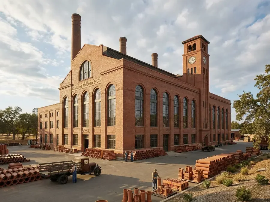 A large red brick factory building with tall arched windows and a clock tower, surrounded by construction materials and workers.