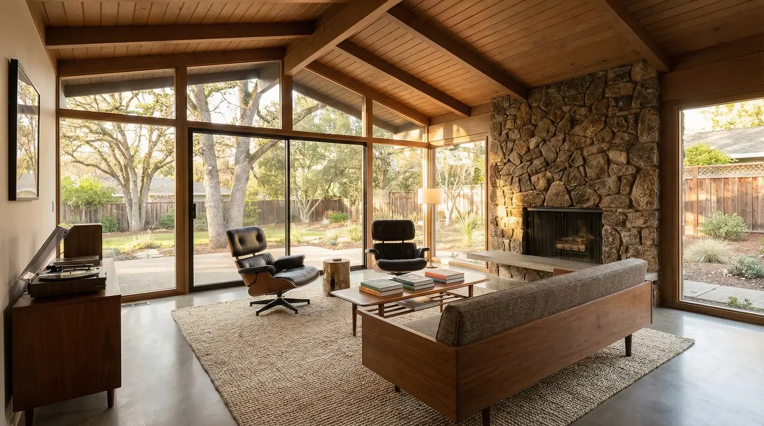 Living room with large glass windows showing trees outside, stone fireplace, wooden ceiling, mid-century modern furniture, rug, and a view of outdoor garden