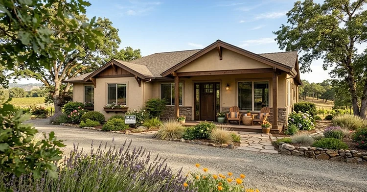 Single-story house with a landscaped front yard, stone pathway, and patio seating, surrounded by trees and fields under a clear sky.