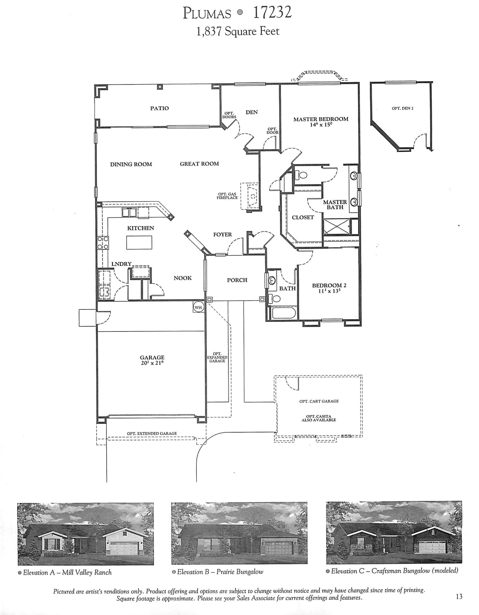 A detailed architectural blueprint of a house floor plan. It includes labeled areas such as patio, dining room, great room, kitchen, laundry, bedroom, bathroom, master bedroom, master bath, closet, and garage. The plan features optional doors and expansions, with measurements for some rooms. The top of the blueprint shows the house model 'Plumas 17232,' with 1,837 square feet.