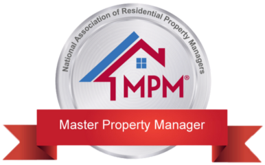 Logo of the National Association of Residential Property Managers (NARPM), featuring a house with a roof in red and blue, the acronym '1 MPM', and a red ribbon with the text 'Master Property Manager'.