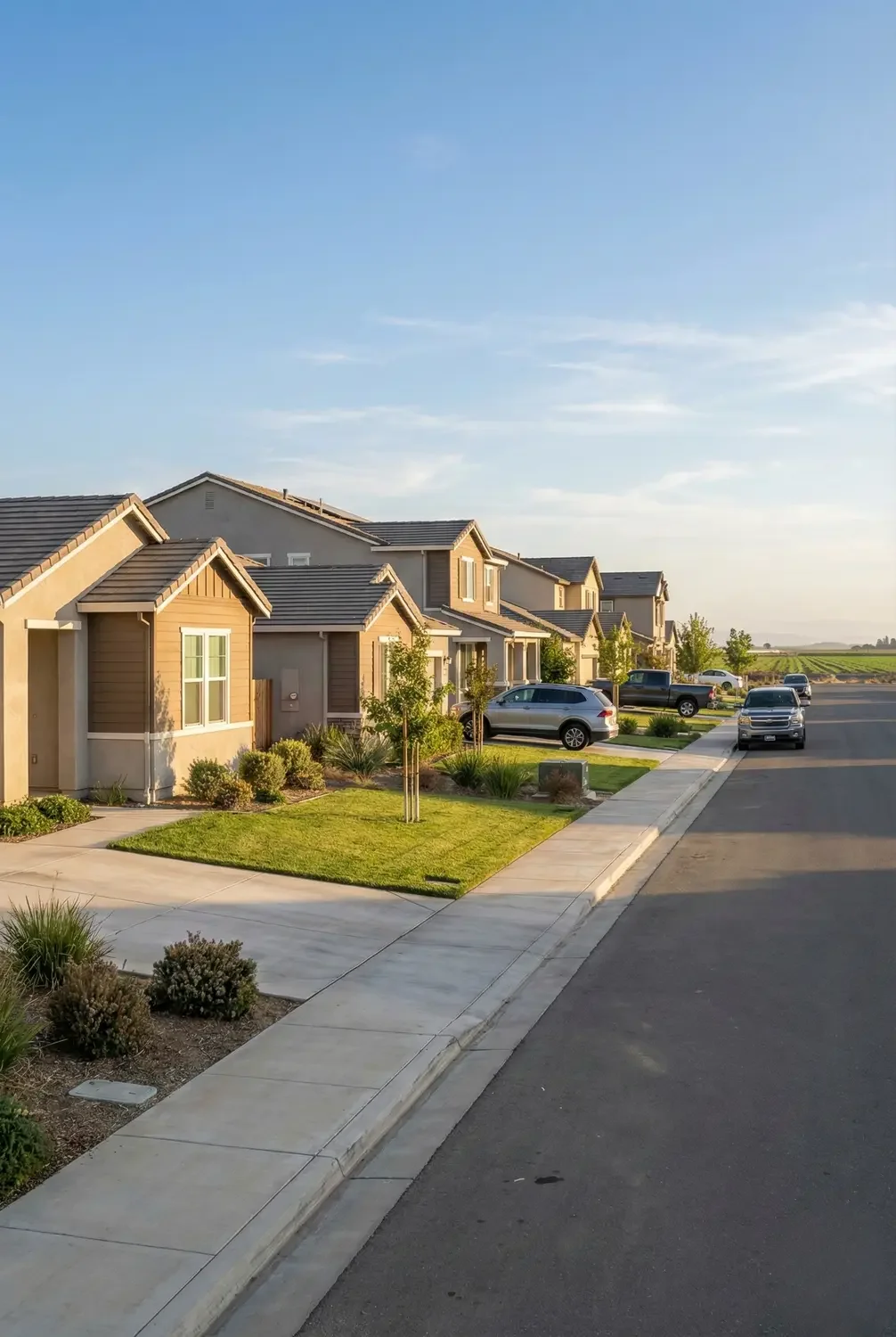Residential neighborhood with modern houses, parked cars, well-maintained lawns, and a clear sky.