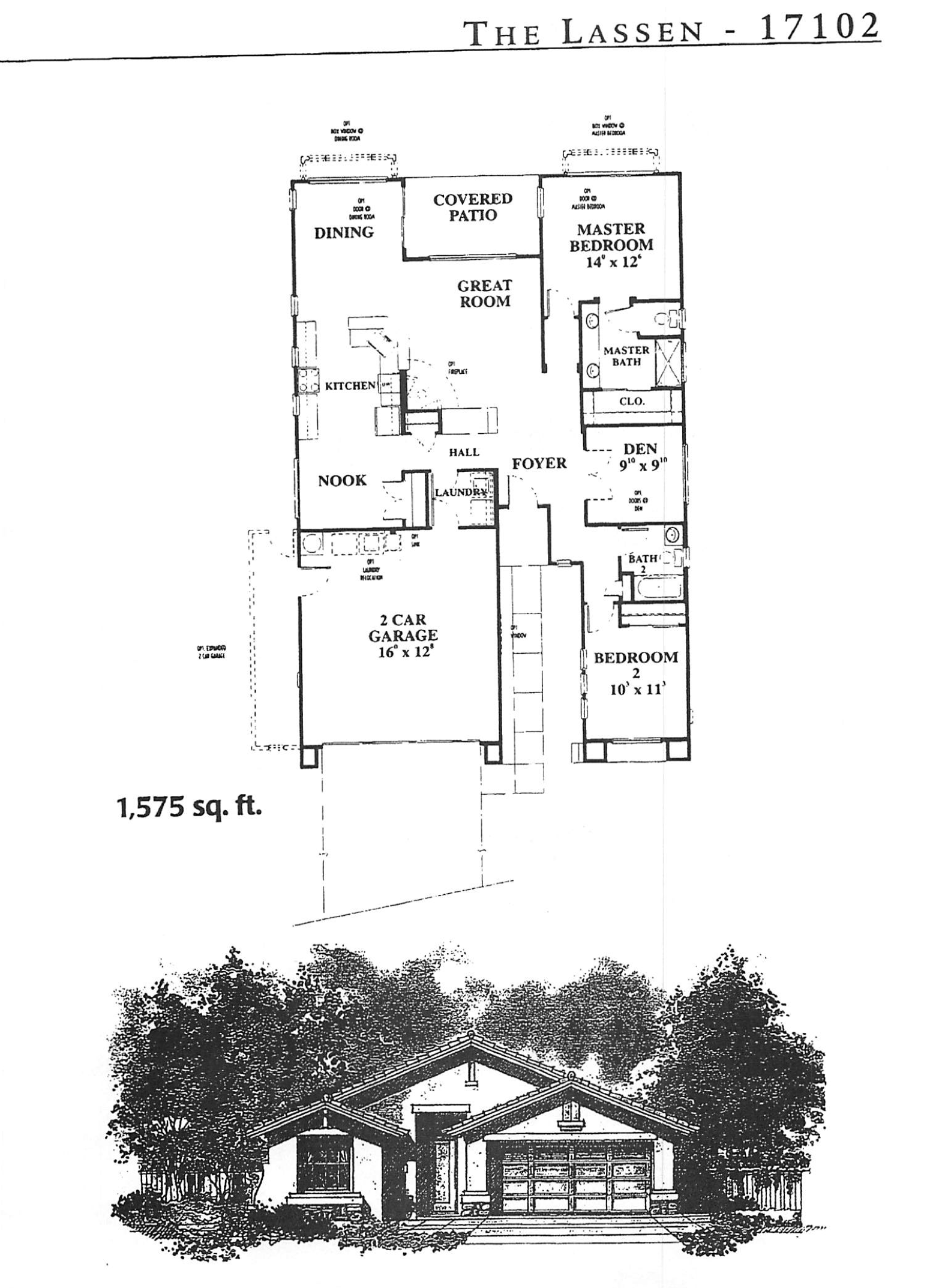 Blueprint of a house named 'The Lassen - 17102' showing interior layout with labeled rooms such as garage, bedroom, bath, den, foyer, kitchen, dining, great room, covered patio, master bedroom, and master bath. The house has a 2 car garage, a laundry area, and an outdoor landscaped front yard with trees.