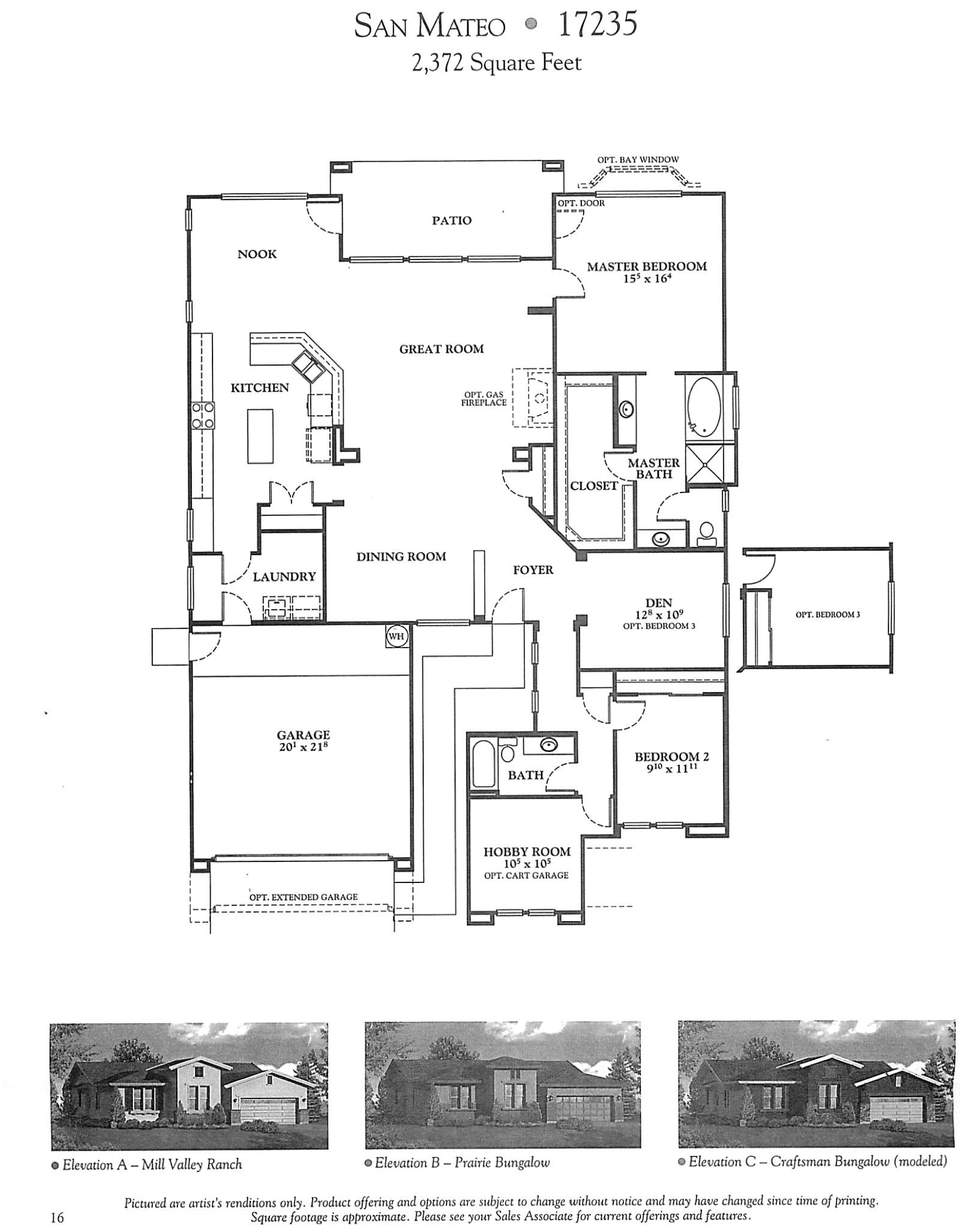 Image showing a floor plan of a house with labeled rooms including a garage, laundry, kitchen, nook, great room, patio, master bedroom, master bath, closet, den, and secondary bedrooms. It also includes details like dimensions and optional features.