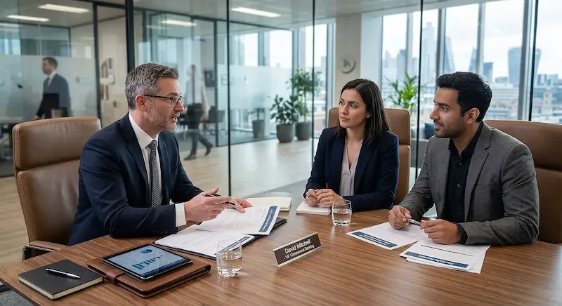 Three professionals having a business meeting in a modern office conference room with large windows, a man with gray hair and glasses is speaking while a woman and a man listen attentively.