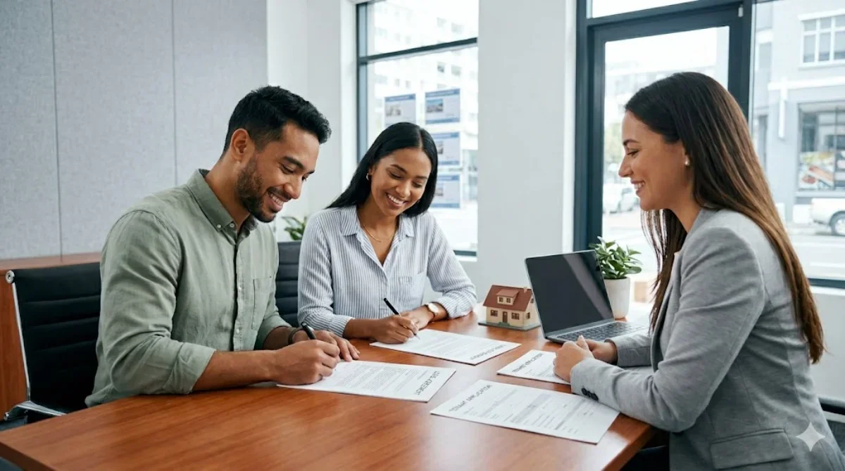 A real estate agent in a gray blazer consulting a couple about a house, with documents, a small house model, and a laptop on the table in a bright office with large windows.