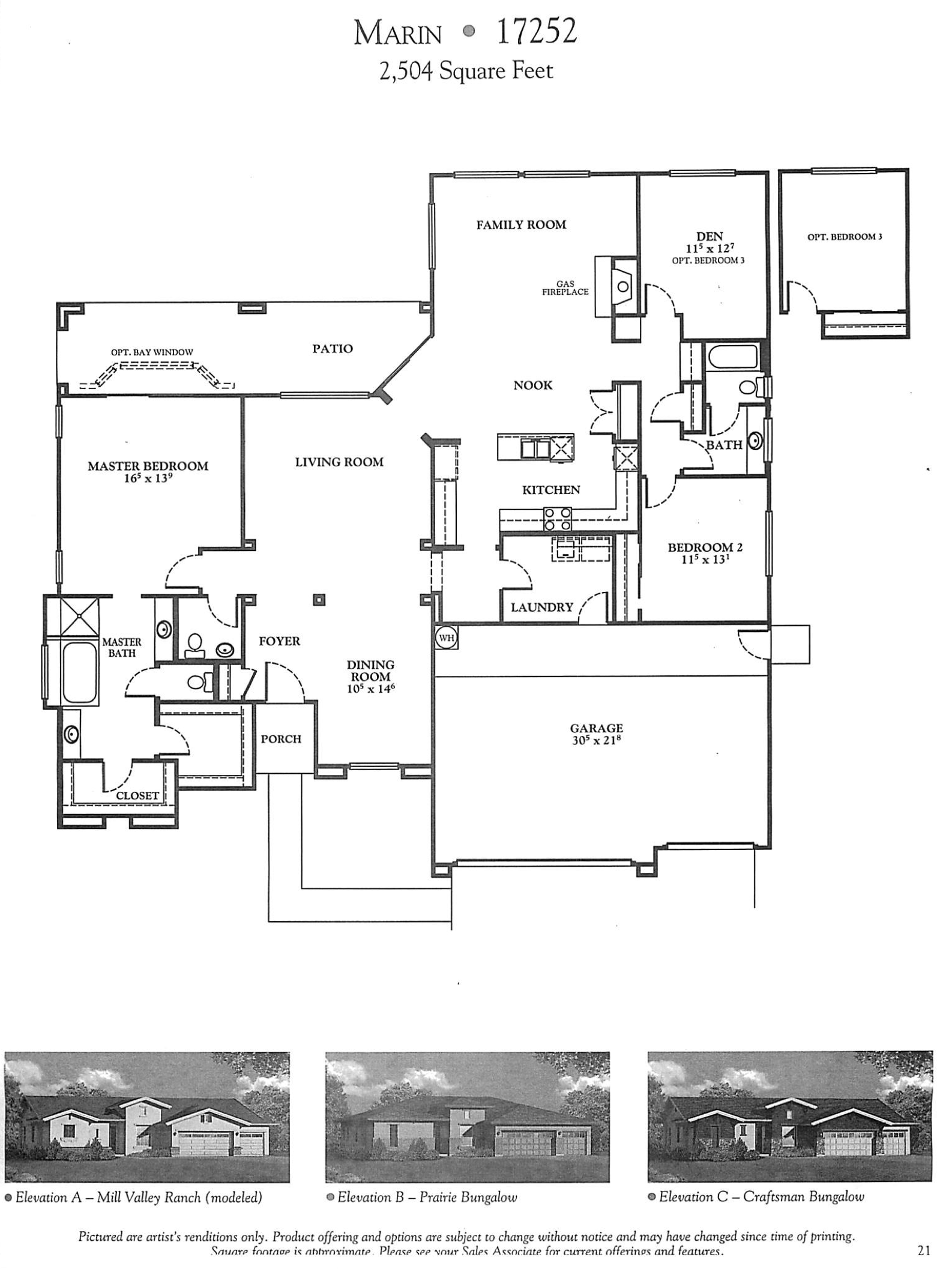 Architectural floor plan of a house labeled 'Marin', with a total square footage of 2,504 sq feet. The plan includes various rooms such as living room, master bedroom, kitchen, den, multiple bedrooms, bathrooms, and a garage. Features like a patio, laundry area, and specific elevations (Mill Valley Ranch, Prairie Bungalow, Craftsman Bungalow) are also indicated.