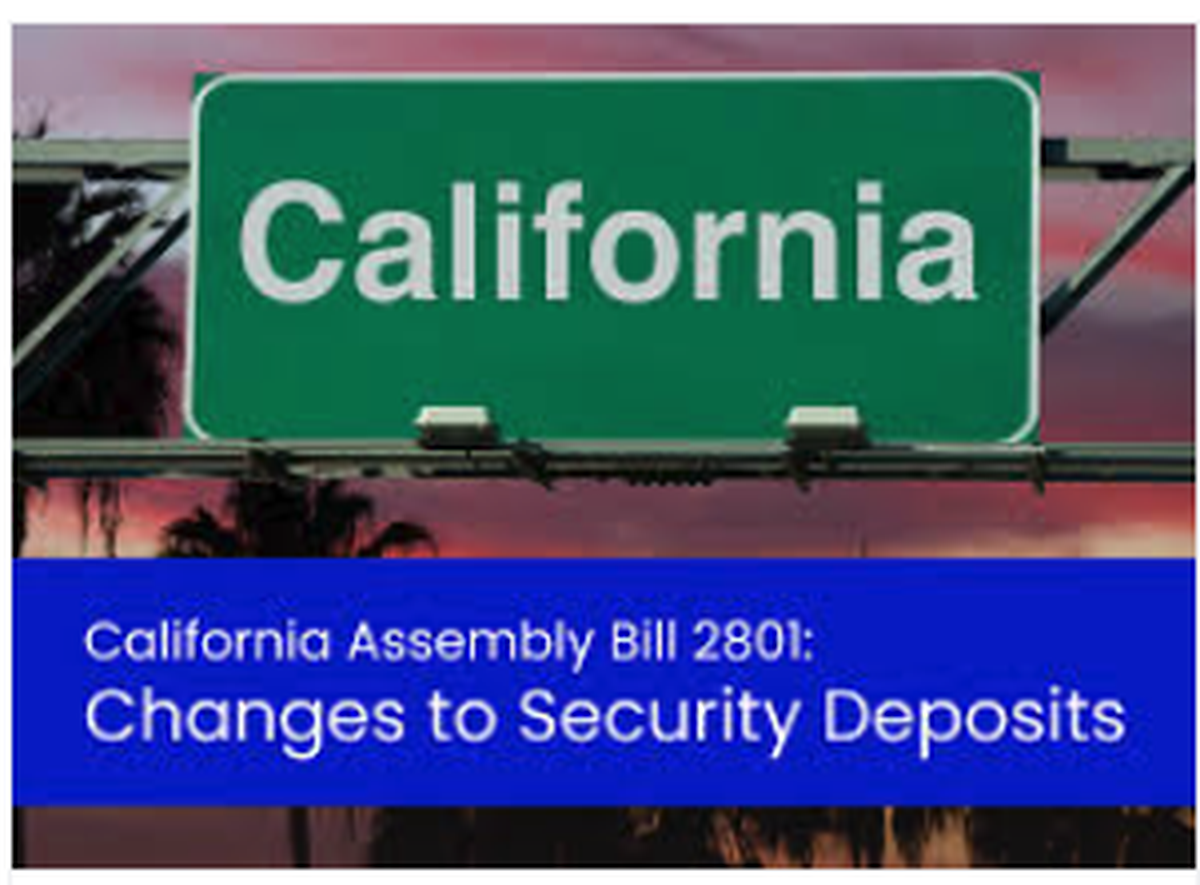 California highway sign with text referencing Assembly Bill 2801 and security deposit law changes