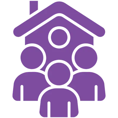 A purple icon of a family under a roof, representing community or home.