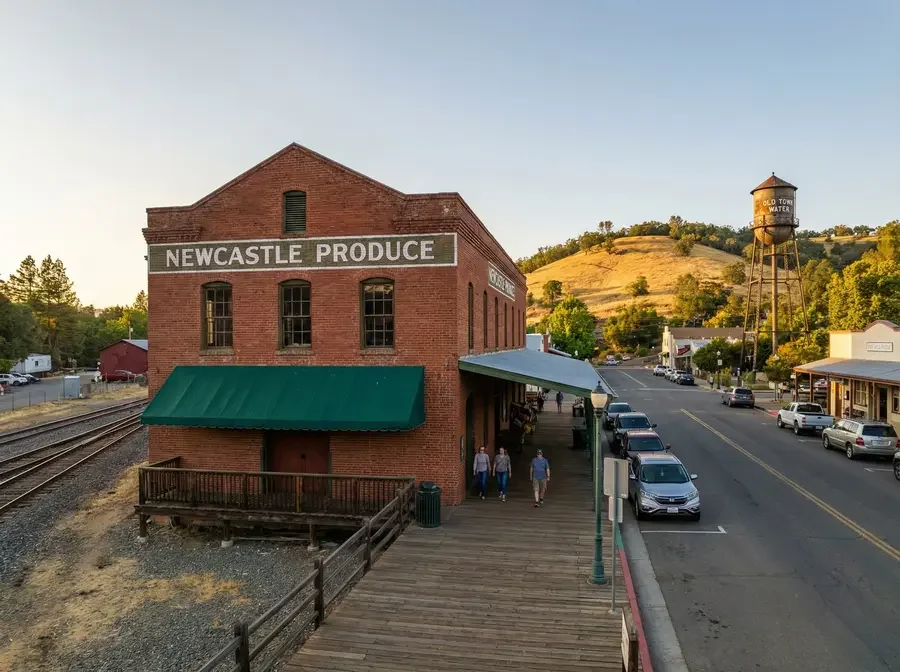 Red brick building labeled 'Newcastle Produce' with a green awning and a wooden boardwalk, parked cars on the street, and a water tower in a small town setting with rolling hills in the background.