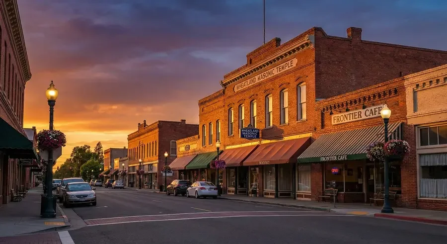 Sunset view of a small downtown main street with brick buildings, parked cars, lampposts with hanging flower baskets, and a storefront sign for "Wheeland Masonic Temple" and "Frontier Café".